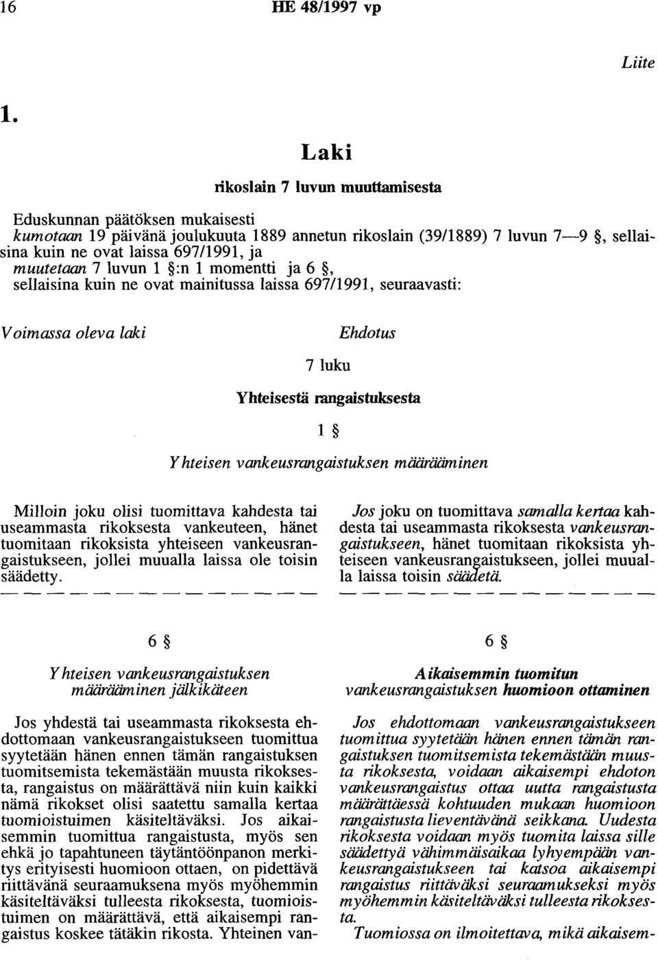 muutetaan 7 luvun 1 :n 1 momentti ja 6, sellaisina kuin ne ovat mainitussa laissa 697/1991, seuraavasti: Voimassa oleva laki 7 luku Ehdotus Yhteisestä rangaistuksesta 1 Yhteisen vankeusrangaistuksen