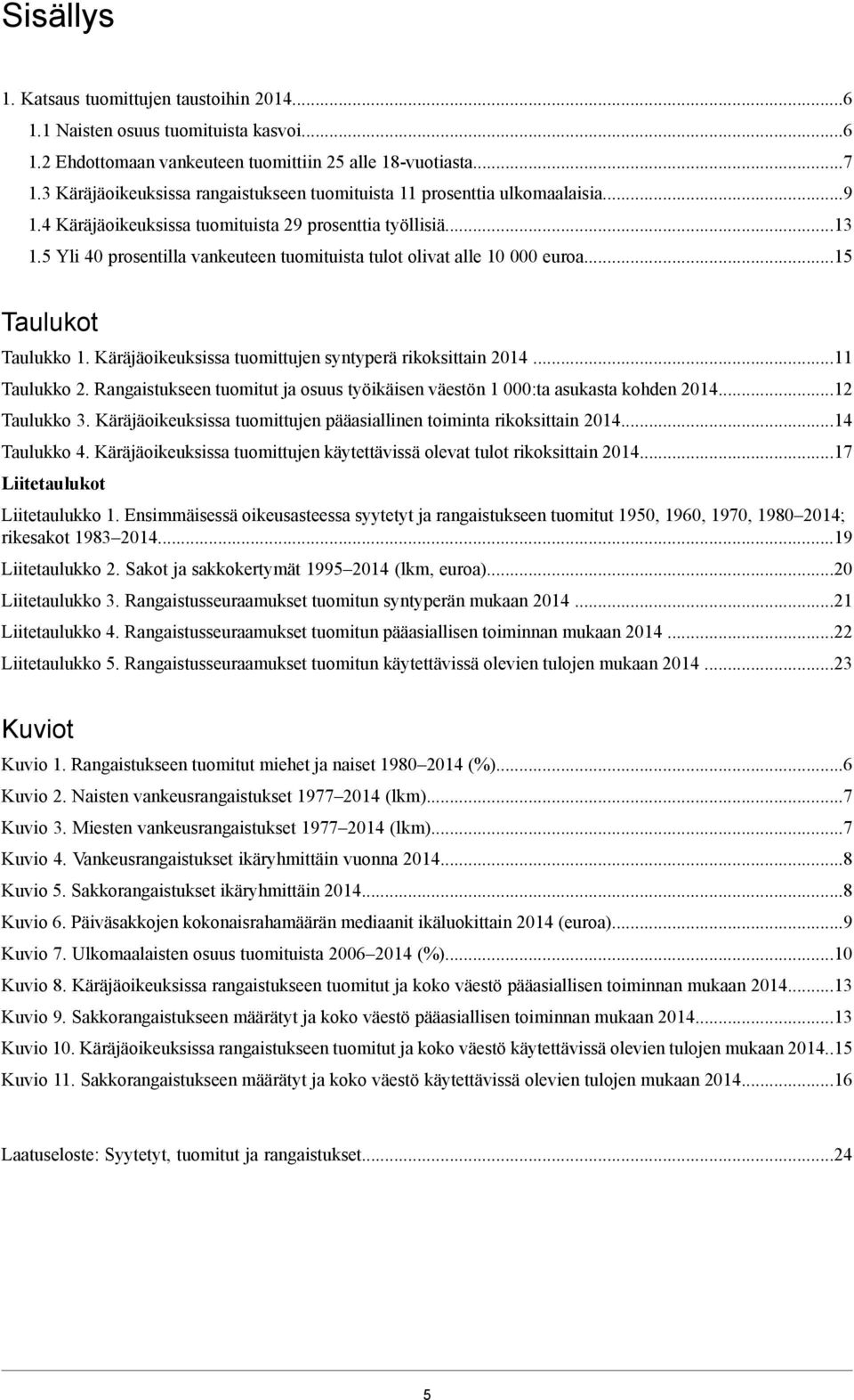 5 Yli 40 prosentilla vankeuteen tuomituista tulot olivat alle 10 000...15 Taulukot Taulukko 1. Käräjäoikeuksissa tuomittujen syntyperä rikoksittain 2014...11 Taulukko 2.