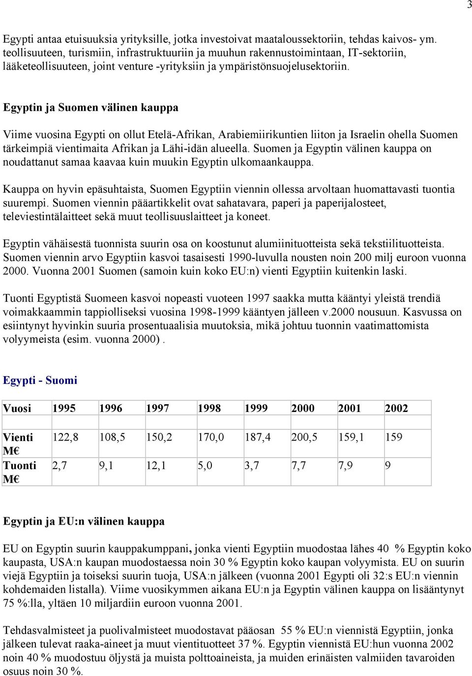 Egyptin ja Suomen välinen kauppa Viime vuosina Egypti on ollut Etelä-Afrikan, Arabiemiirikuntien liiton ja Israelin ohella Suomen tärkeimpiä vientimaita Afrikan ja Lähi-idän alueella.