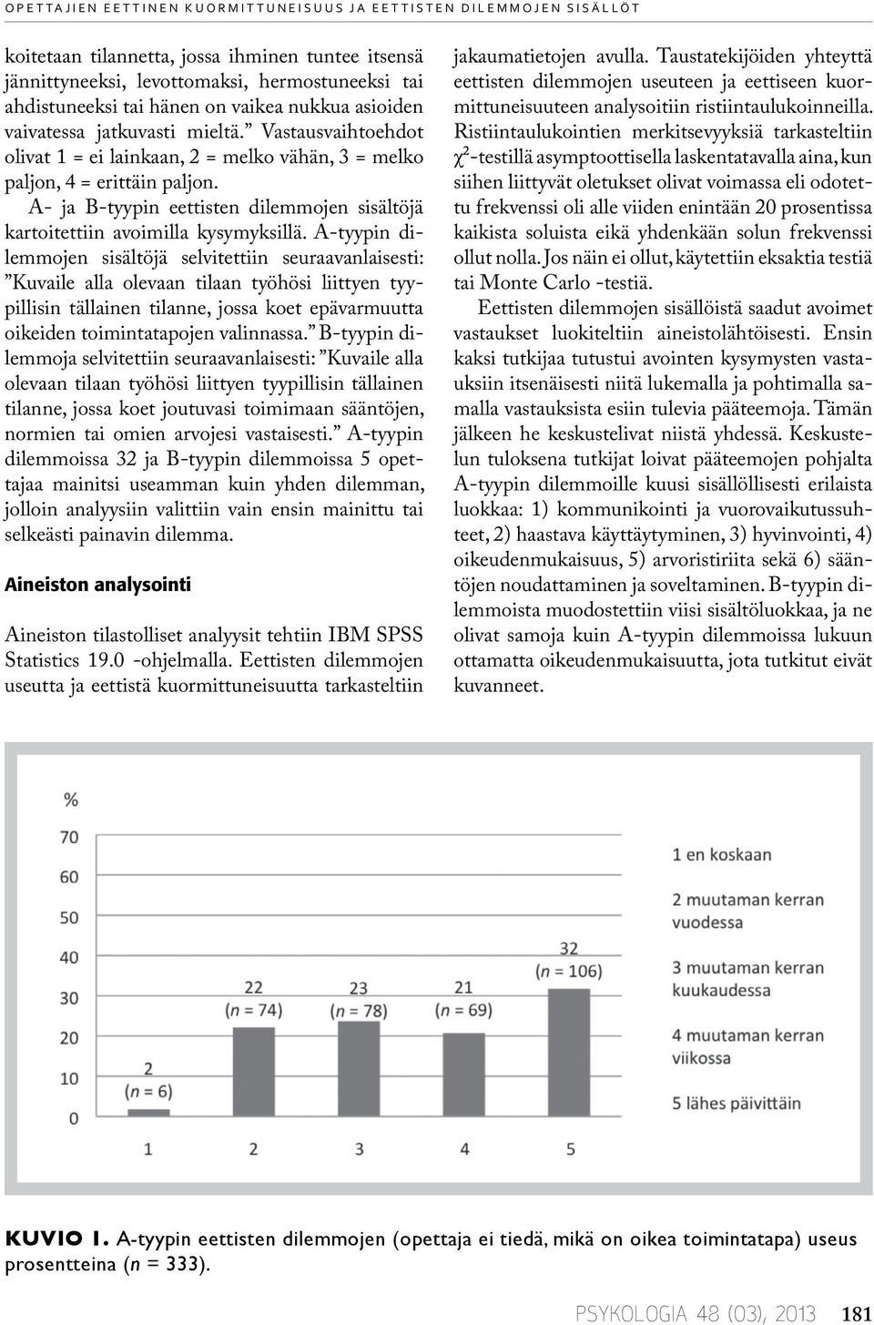 A- ja B-tyypin eettisten dilemmojen sisältöjä kartoitettiin avoimilla kysymyksillä.