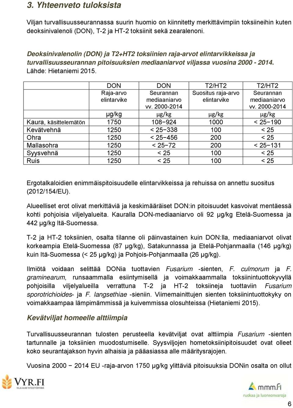 DON DON T2/HT2 T2/HT2 Raja-arvo elintarvike Seurannan mediaaniarvo vv. 2000-2014 Suositus raja-arvo elintarvike Seurannan mediaaniarvo vv.