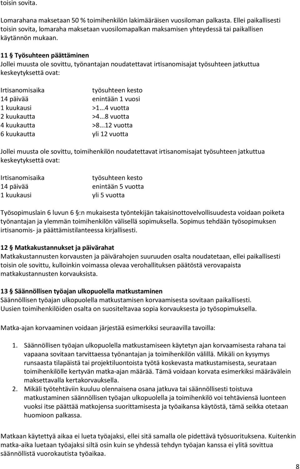 11 Työsuhteen päättäminen Jollei muusta ole sovittu, työnantajan noudatettavat irtisanomisajat työsuhteen jatkuttua keskeytyksettä ovat: Irtisanomisaika työsuhteen kesto 14 päivää enintään 1 vuosi 1