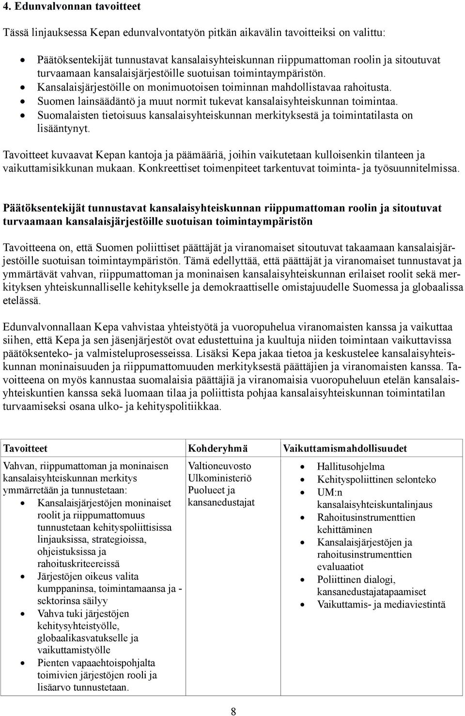 Suomen lainsäädäntö ja muut normit tukevat kansalaisyhteiskunnan toimintaa. Suomalaisten tietoisuus kansalaisyhteiskunnan merkityksestä ja toimintatilasta on lisääntynyt.