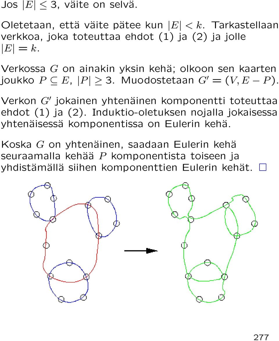 Verkossa G on ainakin yksin kehä; olkoon sen kaarten joukko P E, P 3. Muodostetaan G = (V, E P ).