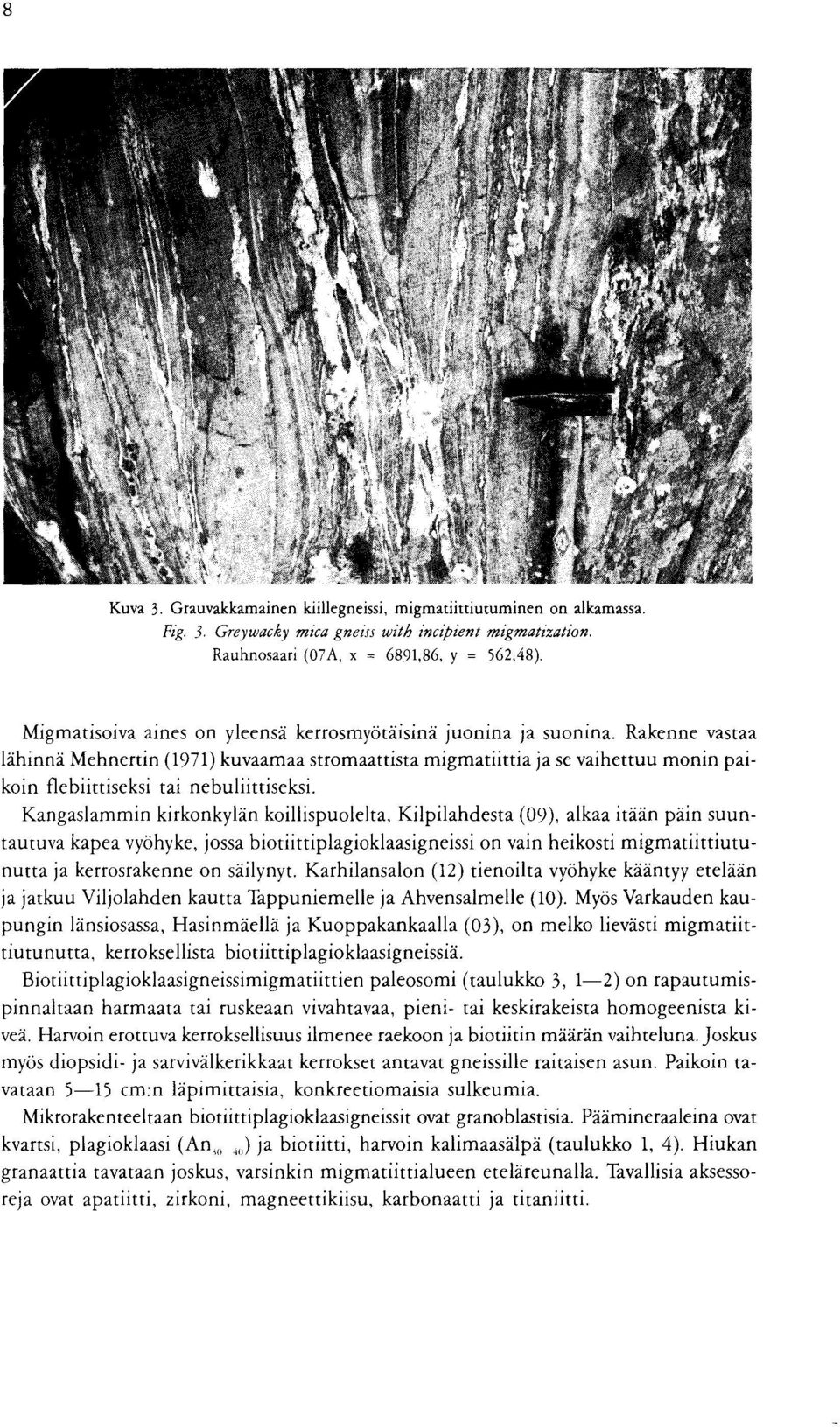 kirkonkylan koillispuolelta, Kilpilahdesta (09), alkaa itaan pain suuntautuva kapea vyohyke, jossa biotiittiplagioklaasigneissi on vain heikosti migmatiittiutunutta ja kerrosrakenne on sailynyt