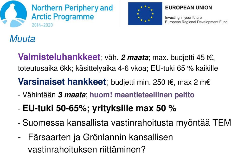 hankkeet; budjetti min. 250 t, max 2 m - Vähintään 3 maata; huom!