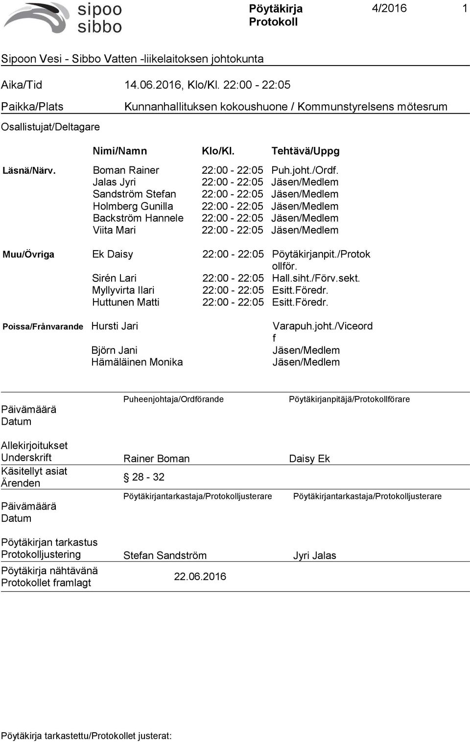 Jalas Jyri 22:00-22:05 Jäsen/Medlem Sandström Stefan 22:00-22:05 Jäsen/Medlem Holmberg Gunilla 22:00-22:05 Jäsen/Medlem Backström Hannele 22:00-22:05 Jäsen/Medlem Viita Mari 22:00-22:05 Jäsen/Medlem