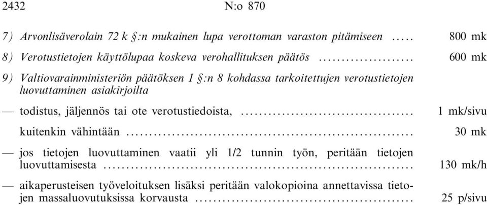 .. 600 mk 9) Valtiovarainministeriön päätöksen 1 :n 8 kohdassa tarkoitettujen verotustietojen luovuttaminen asiakirjoilta todistus, jäljennös tai
