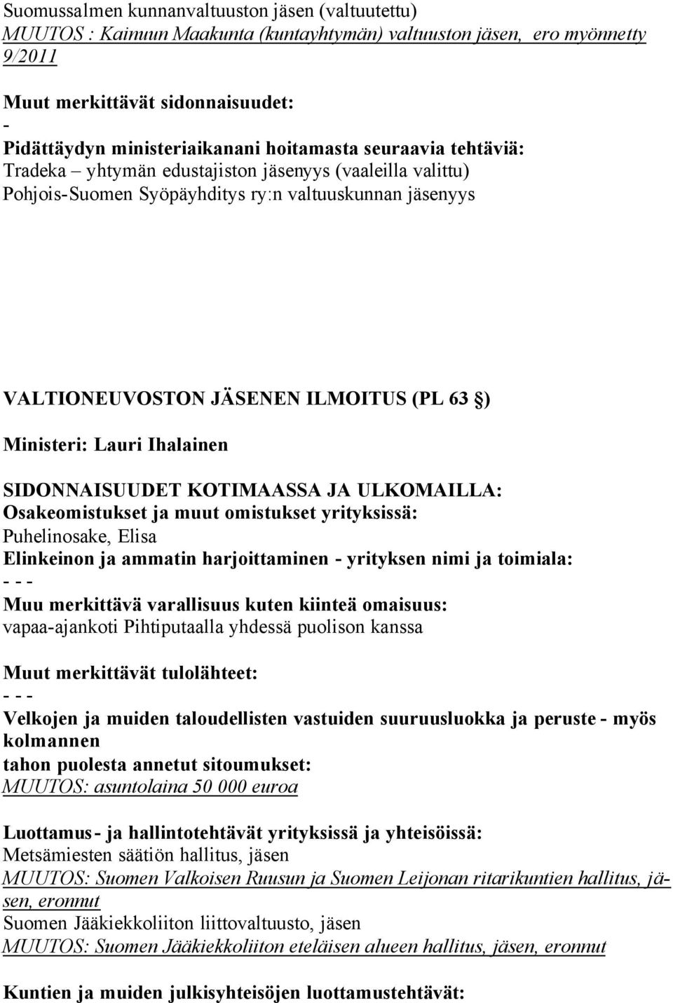 yhdessä puolison kanssa Velkojen ja muiden taloudellisten vastuiden suuruusluokka ja peruste myös kolmannen MUUTOS: asuntolaina 50 000 euroa Luottamus ja hallintotehtävät yrityksissä ja yhteisöissä: