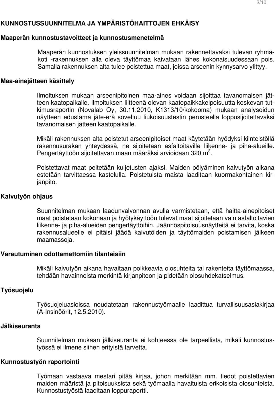 Maa-ainejätteen käsittely Kaivutyön ohjaus Ilmoituksen mukaan arseenipitoinen maa-aines voidaan sijoittaa tavanomaisen jätteen kaatopaikalle.