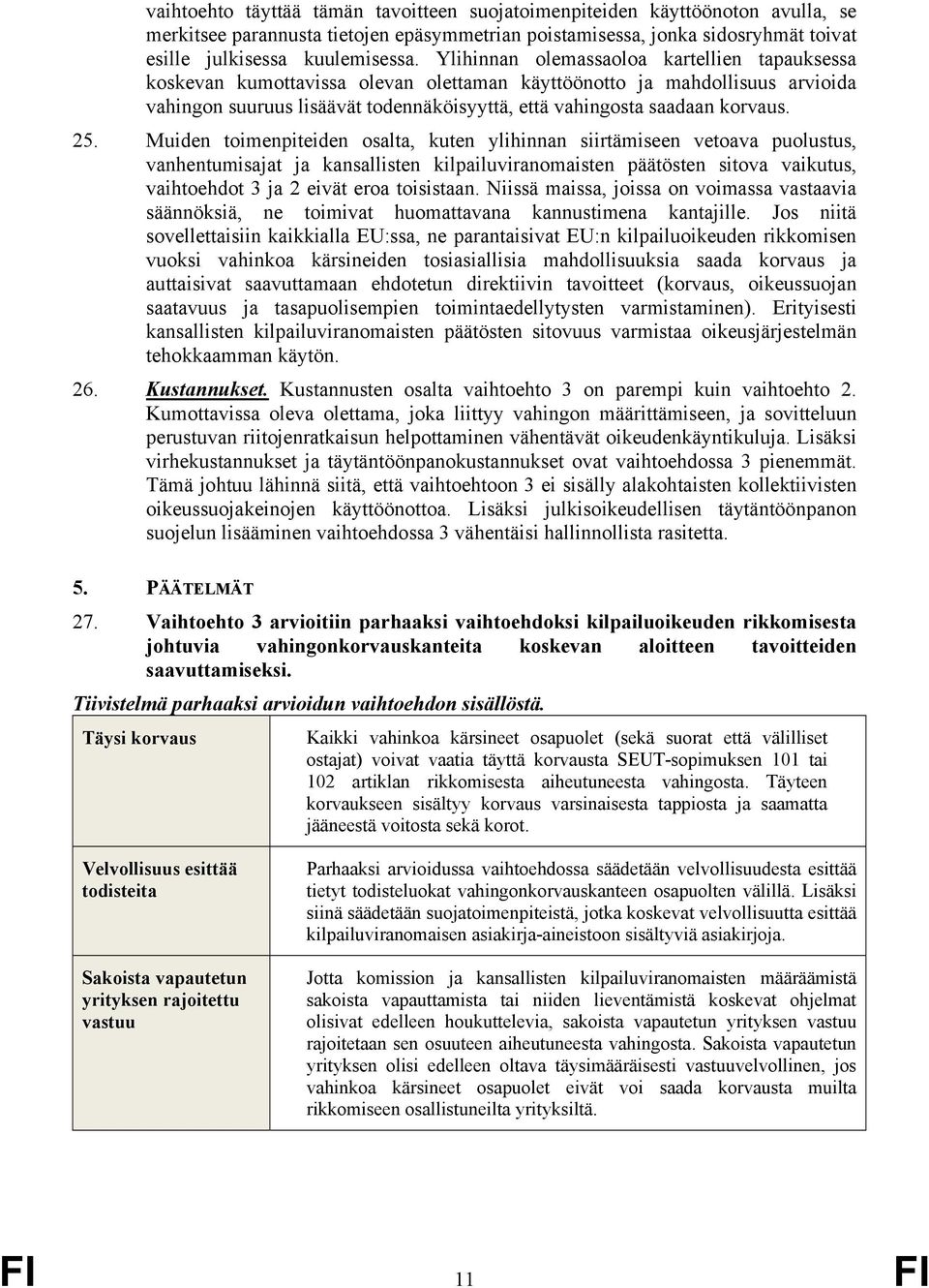 25. Muiden toimenpiteiden osalta, kuten ylihinnan siirtämiseen vetoava puolustus, vanhentumisajat ja kansallisten kilpailuviranomaisten päätösten sitova vaikutus, vaihtoehdot 3 ja 2 eivät eroa