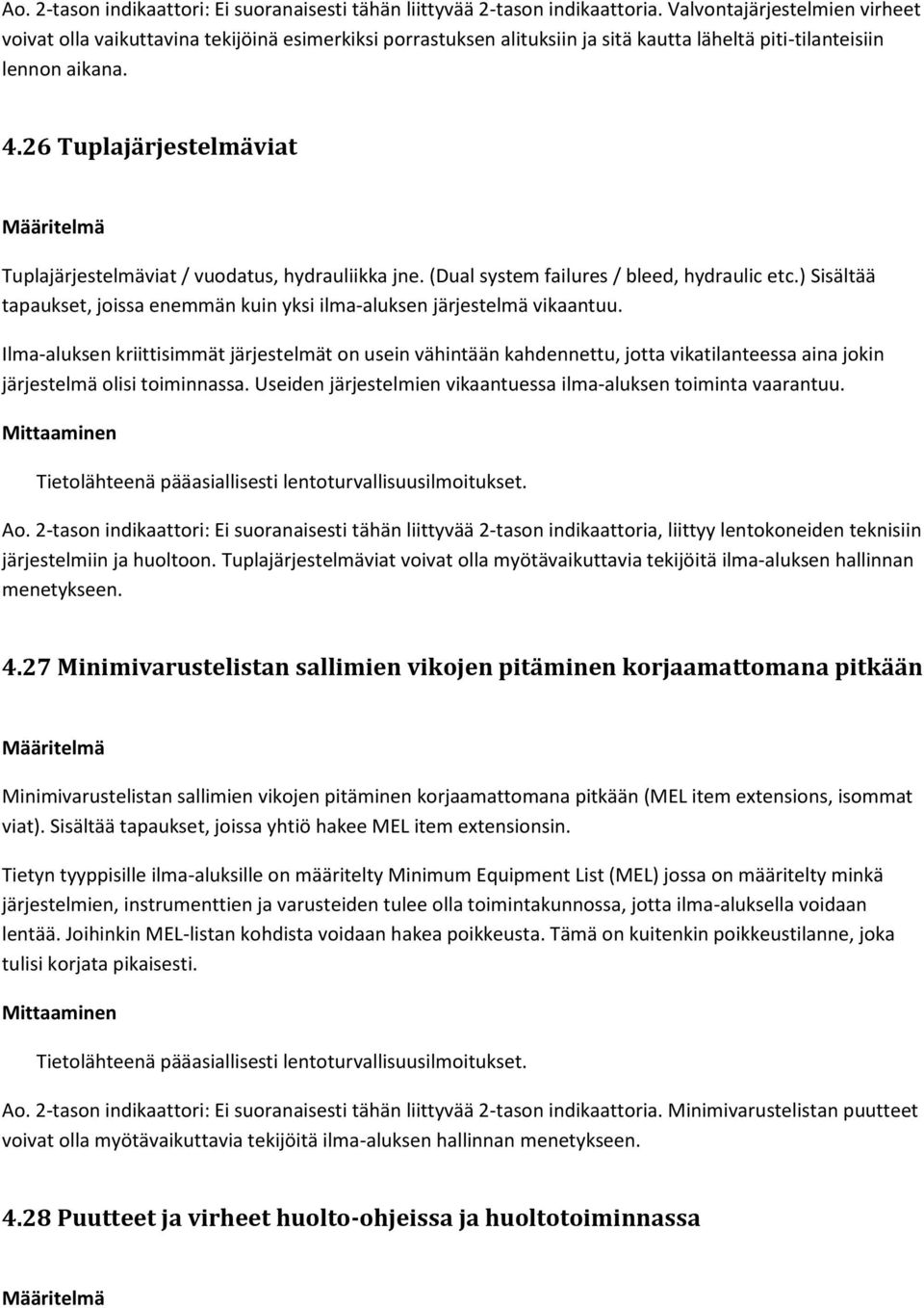 26 Tuplajärjestelmäviat Tuplajärjestelmäviat / vuodatus, hydrauliikka jne. (Dual system failures / bleed, hydraulic etc.