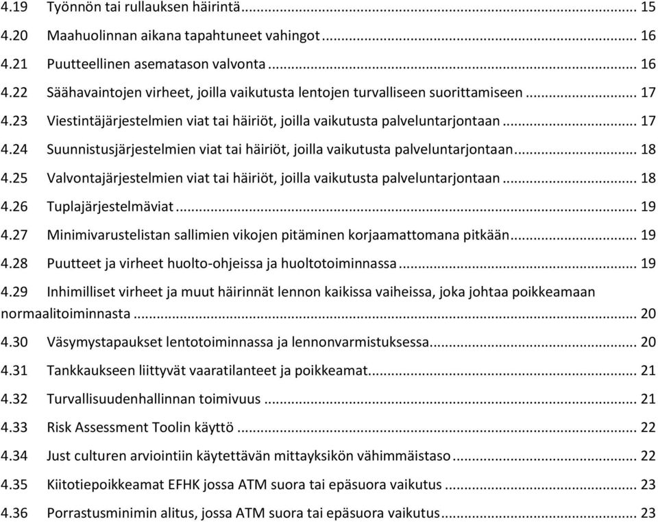 25 Valvontajärjestelmien viat tai häiriöt, joilla vaikutusta palveluntarjontaan... 18 4.26 Tuplajärjestelmäviat... 19 4.27 Minimivarustelistan sallimien vikojen pitäminen korjaamattomana pitkään.