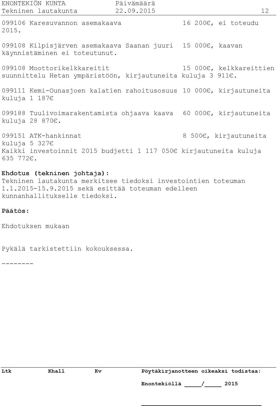099111 Kemi-Ounasjoen kalatien rahoitusosuus 10 000, kirjautuneita kuluja 1 187 099188 Tuulivoimarakentamista ohjaava kaava 60 000, kirjautuneita kuluja 28 870.