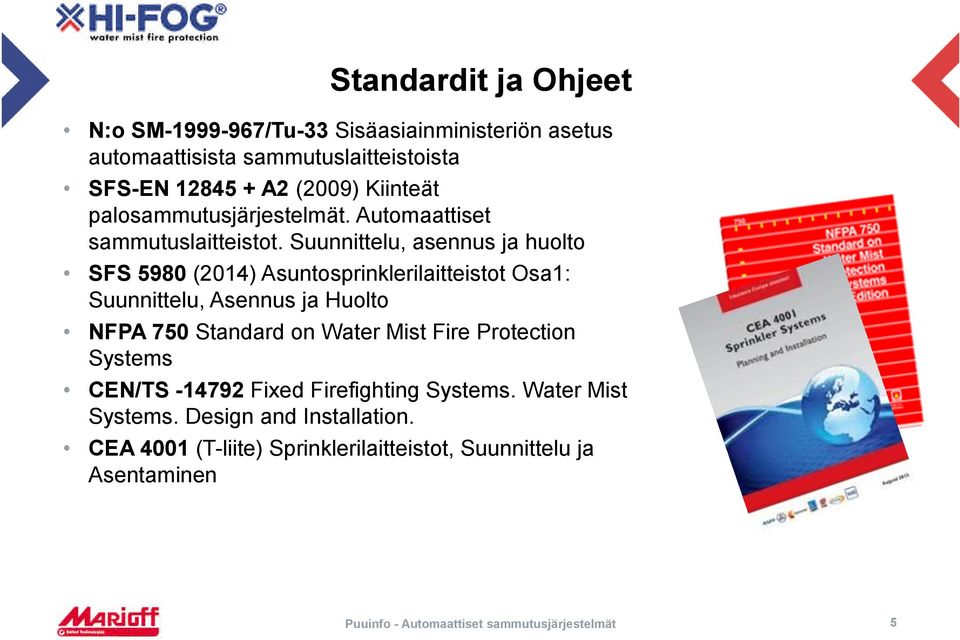 Suunnittelu, asennus ja huolto SFS 5980 (2014) Asuntosprinklerilaitteistot Osa1: Suunnittelu, Asennus ja Huolto NFPA 750 Standard on