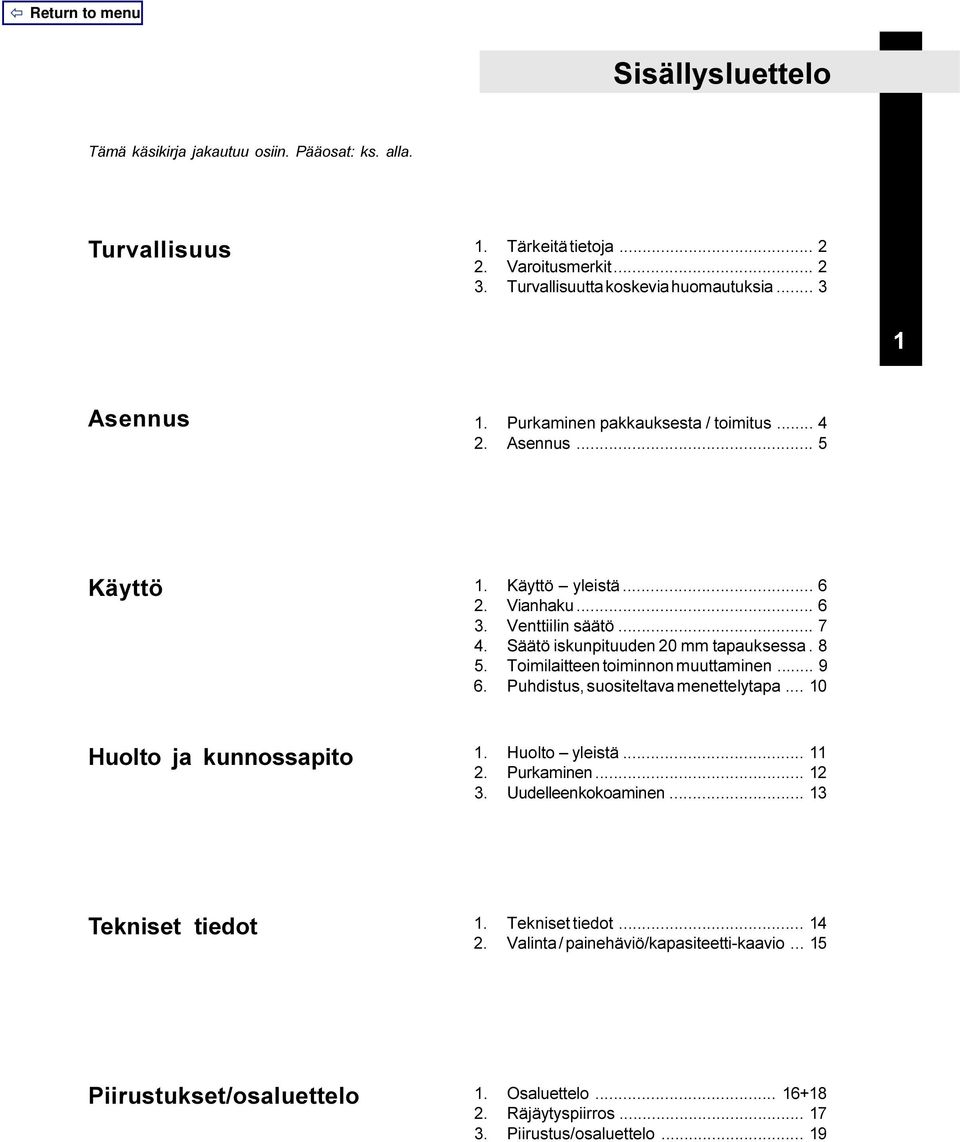 Toimilaitteen toiminnon muuttaminen... 9 6. Puhdistus, suositeltava menettelytapa... 10 Huolto ja kunnossapito 1. Huolto yleistä... 11 2. Purkaminen... 12 3. Uudelleenkokoaminen.