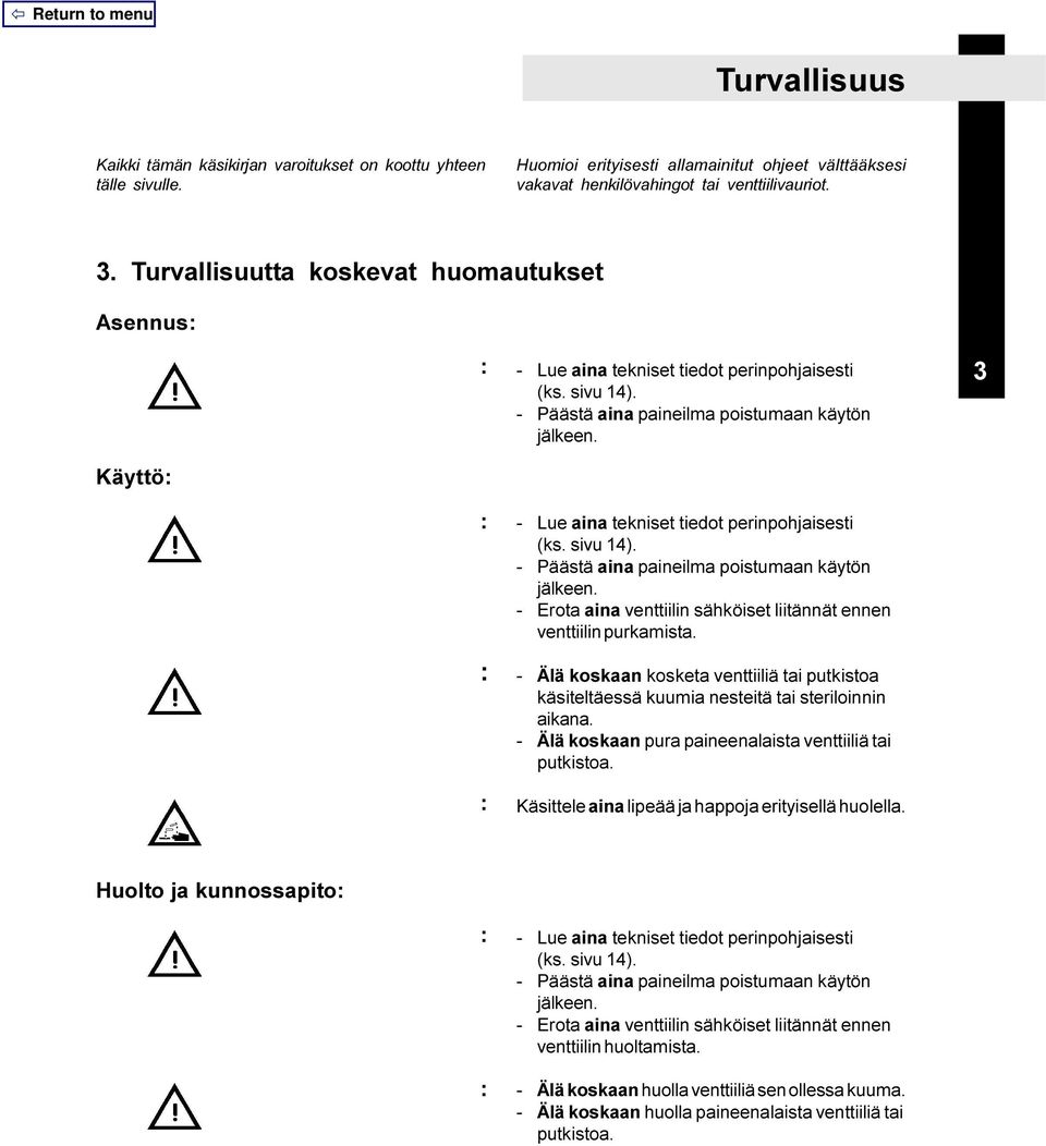 3 Käyttö: : : : - Lue aina tekniset tiedot perinpohjaisesti (ks. sivu 14). - Päästä aina paineilma poistumaan käytön jälkeen. - Erota aina venttiilin sähköiset liitännät ennen venttiilin purkamista.