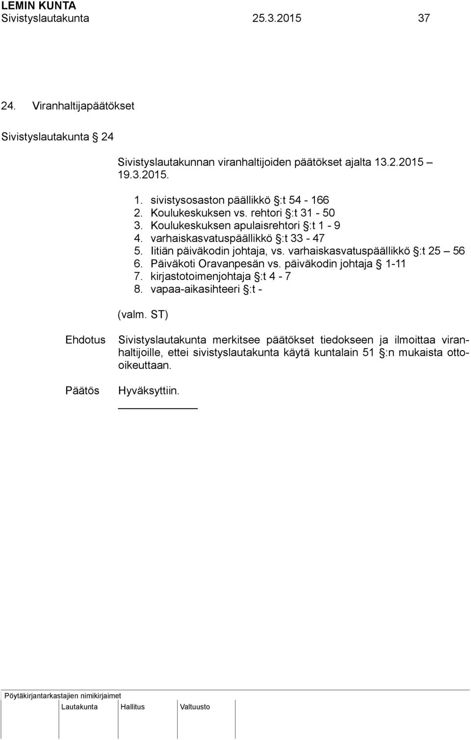 varhaiskasvatuspäällikkö :t 33-47 5. Iitiän päiväkodin johtaja, vs. varhaiskasvatuspäällikkö :t 25 56 6. Päiväkoti Oravanpesän vs. päiväkodin johtaja 1-11 7.