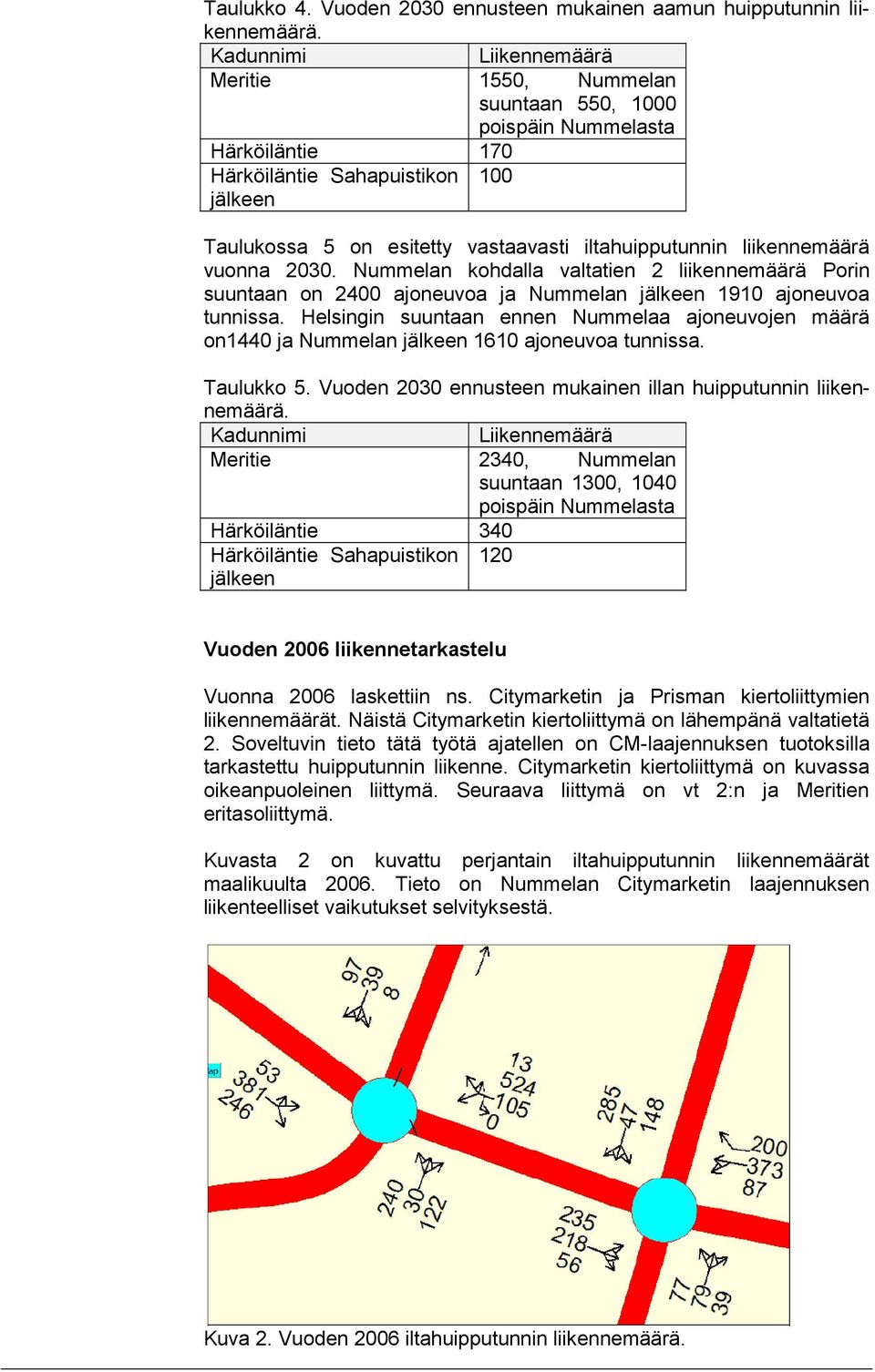 liikennemäärä vuonna 2030. Nummelan kohdalla valtatien 2 liikennemäärä Porin suuntaan on 2400 ajoneuvoa ja Nummelan jälkeen 1910 ajoneuvoa tunnissa.