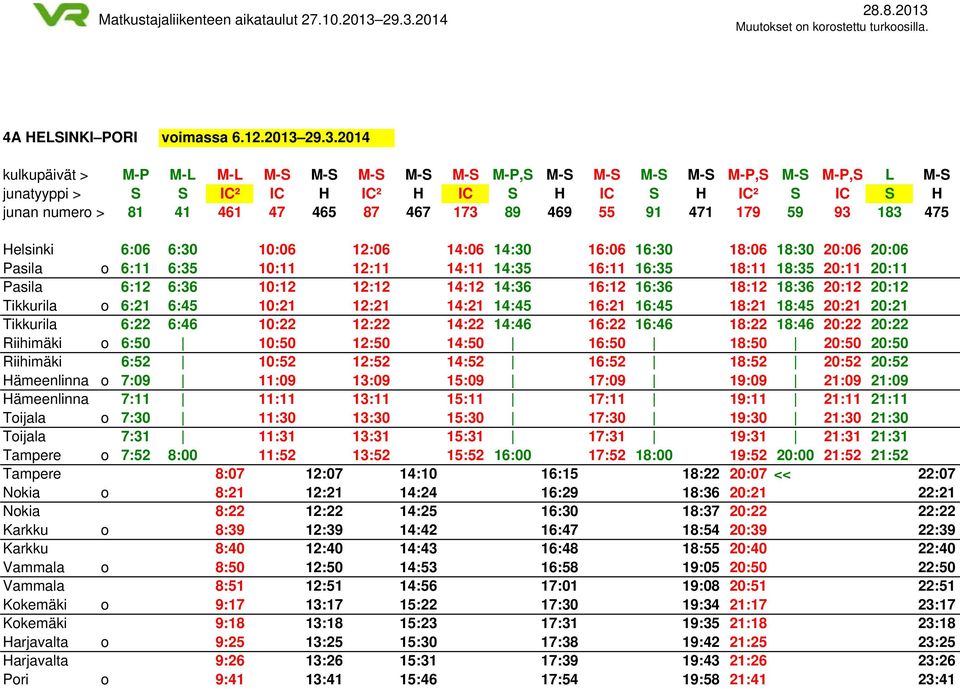 173 89 469 55 91 471 179 59 93 183 475 Helsinki 6:06 6:30 10:06 12:06 14:06 14:30 16:06 16:30 18:06 18:30 20:06 20:06 Pasila o 6:11 6:35 10:11 12:11 14:11 14:35 16:11 16:35 18:11 18:35 20:11 20:11