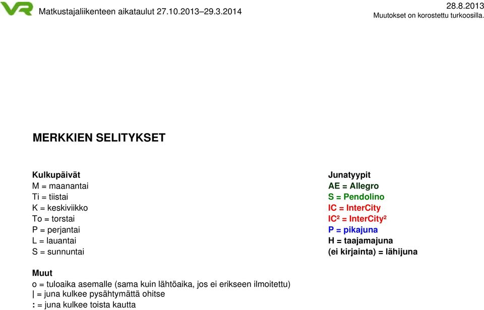 InterCity² P = pikajuna H = taajamajuna (ei kirjainta) = lähijuna Muut o = tuloaika asemalle (sama