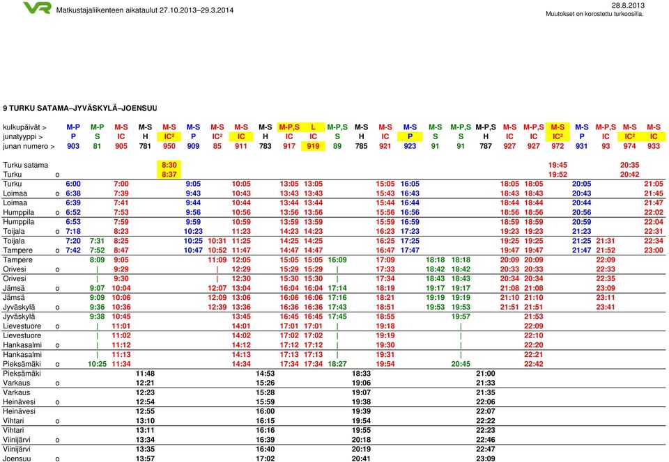 20:42 Turku 6:00 7:00 9:05 10:05 13:05 13:05 15:05 16:05 18:05 18:05 20:05 21:05 Loimaa o 6:38 7:39 9:43 10:43 13:43 13:43 15:43 16:43 18:43 18:43 20:43 21:45 Loimaa 6:39 7:41 9:44 10:44 13:44 13:44