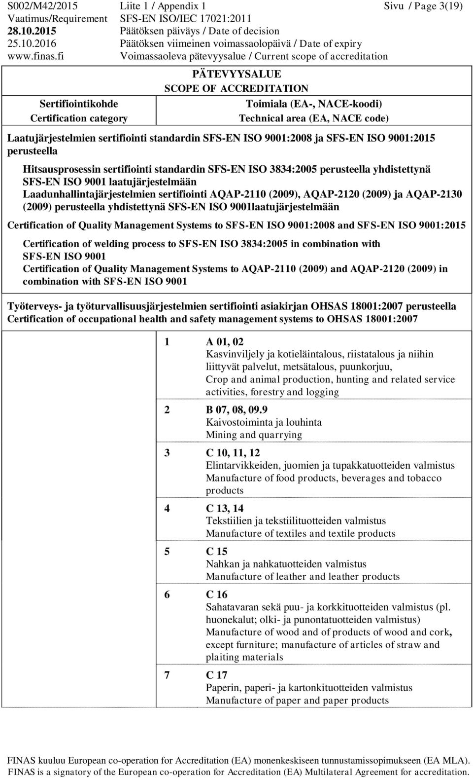 yhdistettynä SFS-EN ISO 9001laatujärjestelmään Certification of Quality Management Systems to SFS-EN ISO 9001:2008 and SFS-EN ISO 9001:2015 Certification of welding process to SFS-EN ISO 3834:2005 in