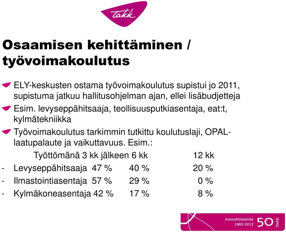 levyseppähitsaaja, teollisuusputkiasentaja, eat:t, kylmätekniikka Työvoimakoulutus tarkimmin tutkittu koulutuslaji,