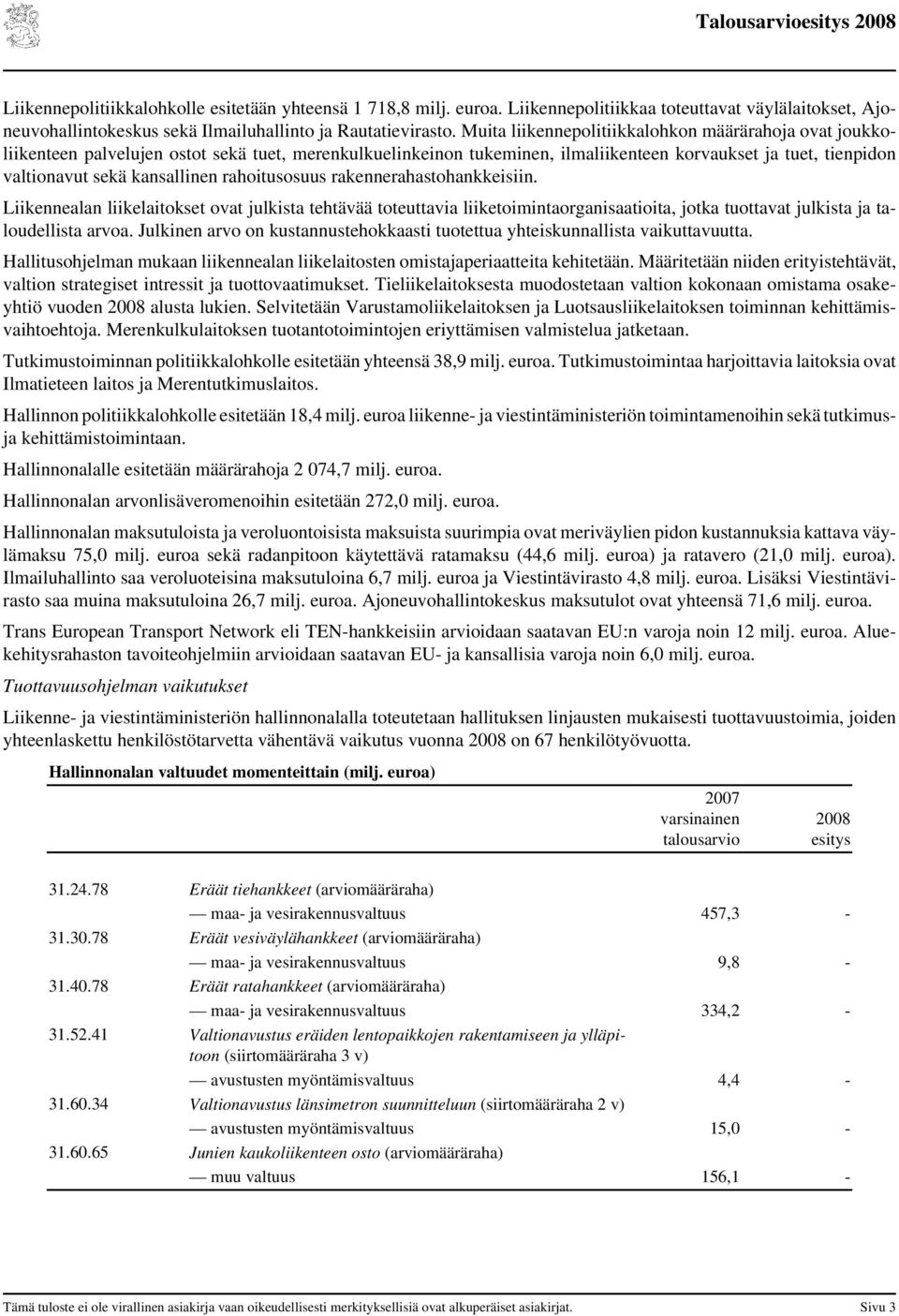 rahoitusosuus rakennerahastohankkeisiin. Liikennealan liikelaitokset ovat julkista tehtävää toteuttavia liiketoimintaorganisaatioita, jotka tuottavat julkista ja taloudellista arvoa.