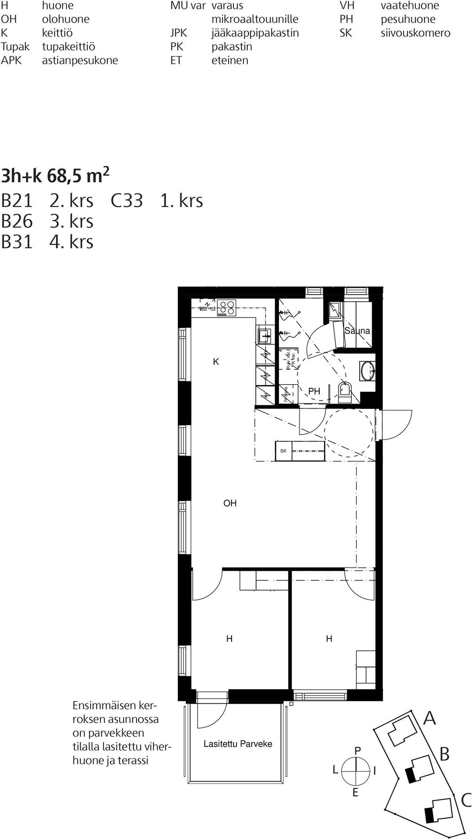 krs 3H+K 68,5 m² Sauna K Kuiv. var. PK var.