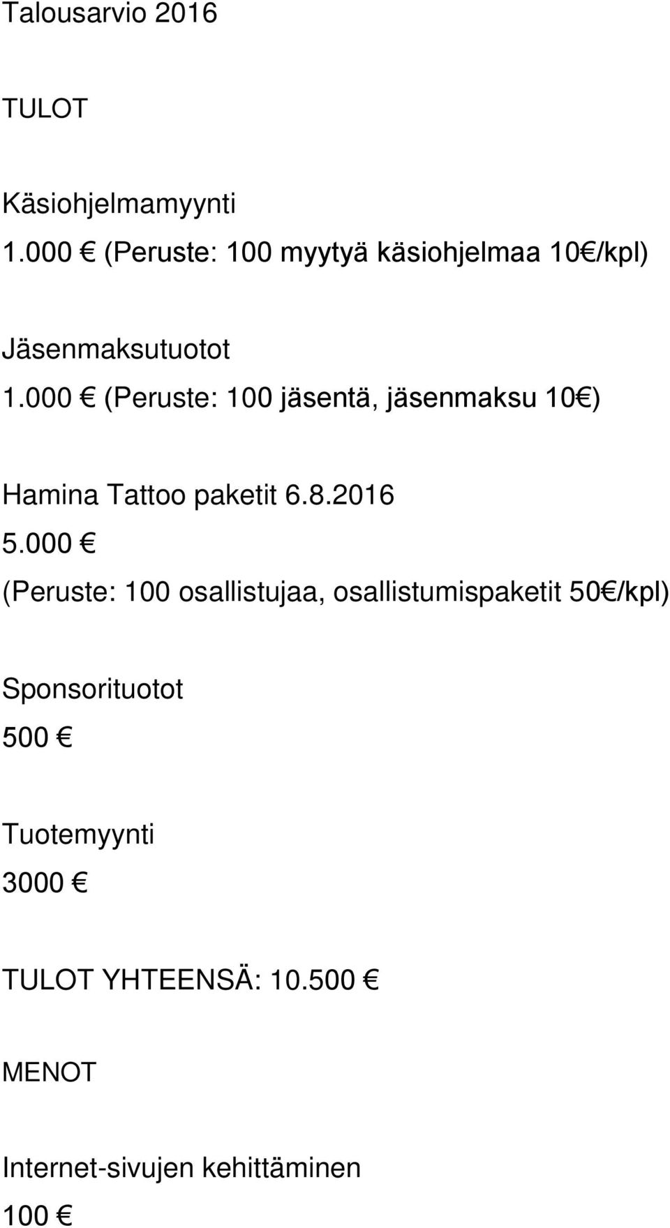 000 (Peruste: 100 jäsentä, jäsenmaksu 10 ) Hamina Tattoo paketit 6.8.2016 5.