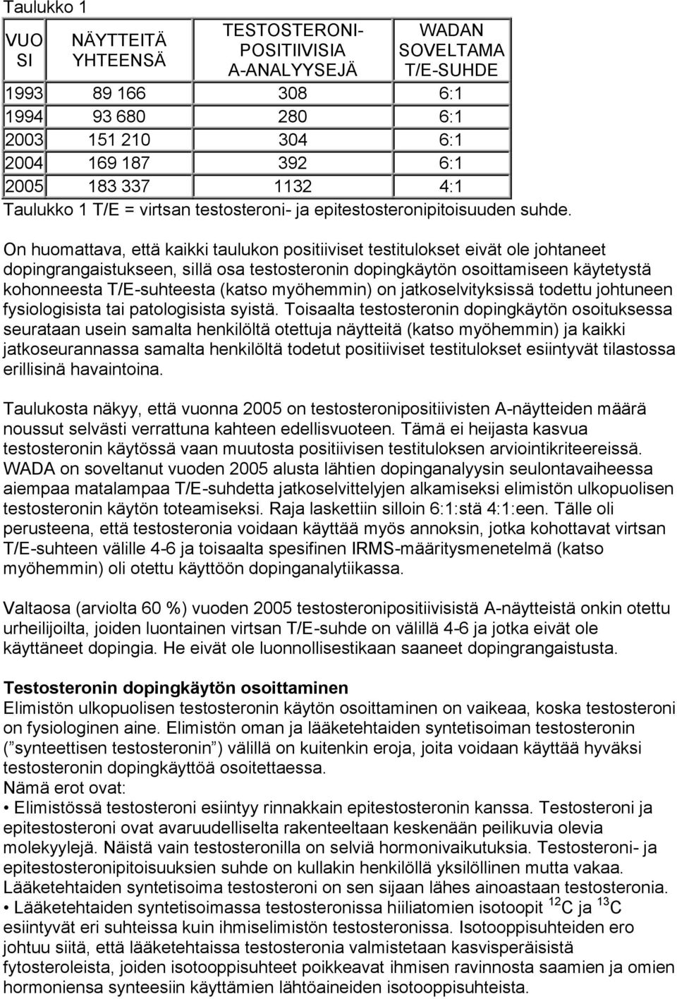 On huomattava, että kaikki taulukon positiiviset testitulokset eivät ole johtaneet dopingrangaistukseen, sillä osa testosteronin dopingkäytön osoittamiseen käytetystä kohonneesta T/E-suhteesta (katso