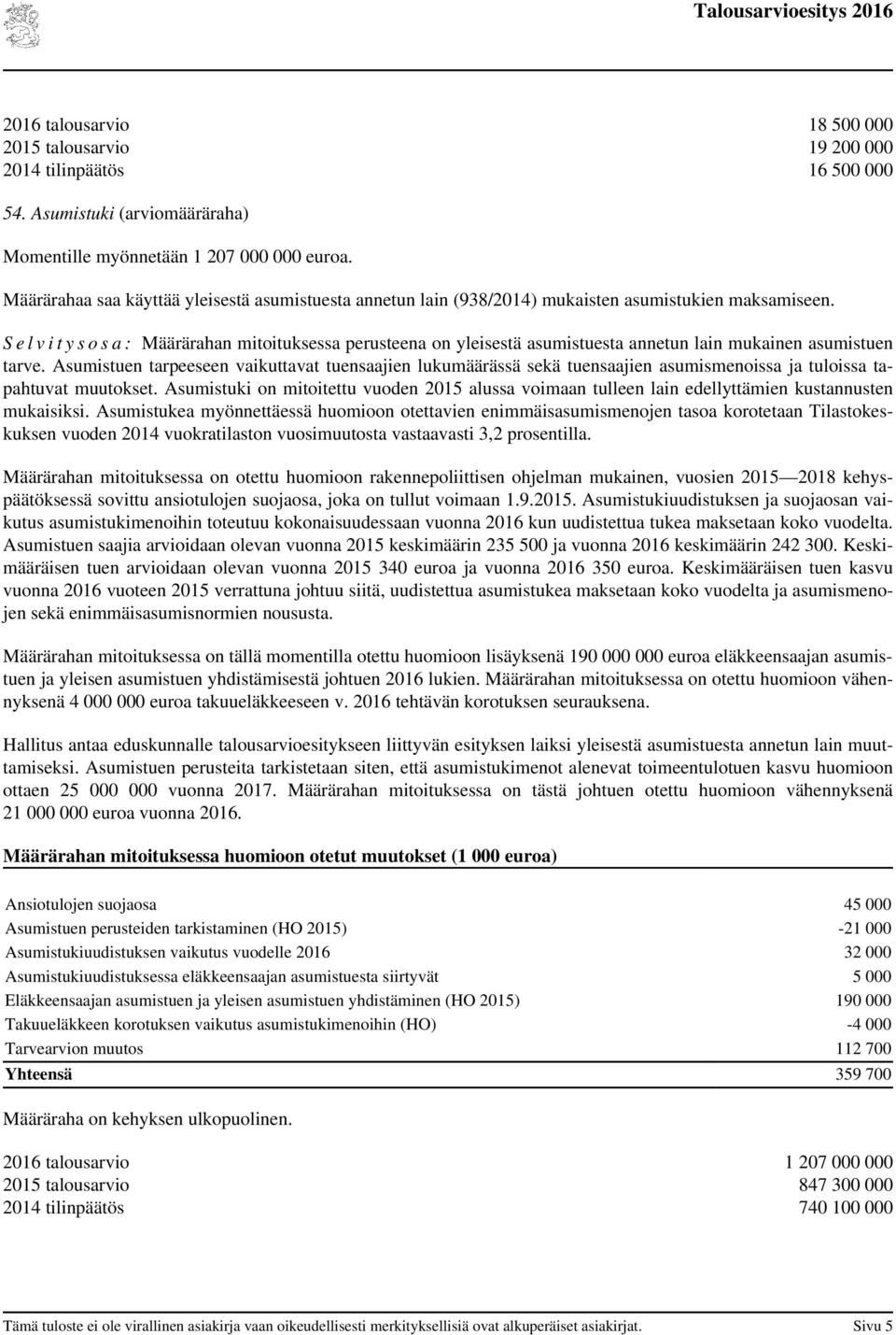 S e l v i t y s o s a : Määrärahan mitoituksessa perusteena on yleisestä asumistuesta annetun lain mukainen asumistuen tarve.