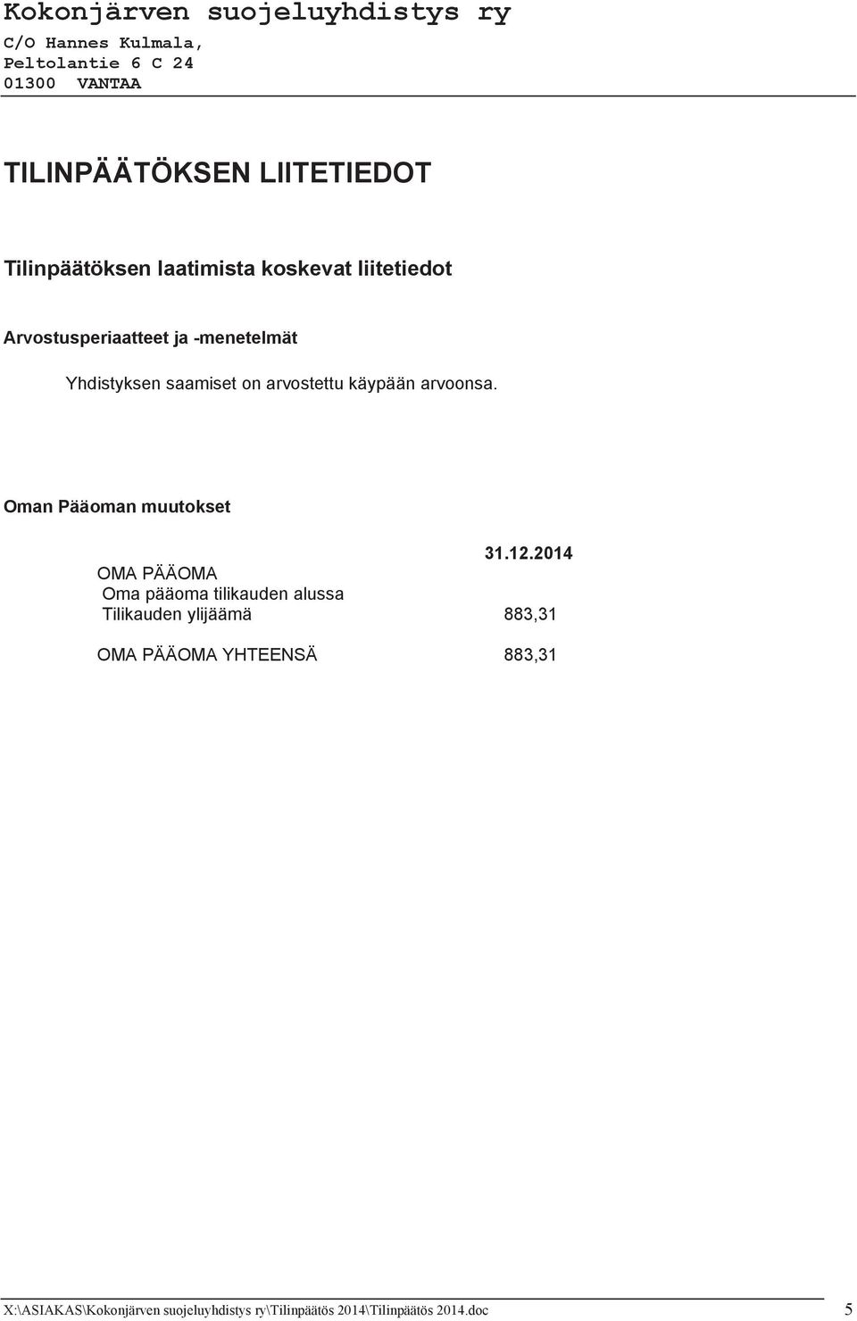 Oman Pääoman muutokset OMA PÄÄOMA Oma pääoma tilikauden alussa Tilikauden ylijäämä 883,31