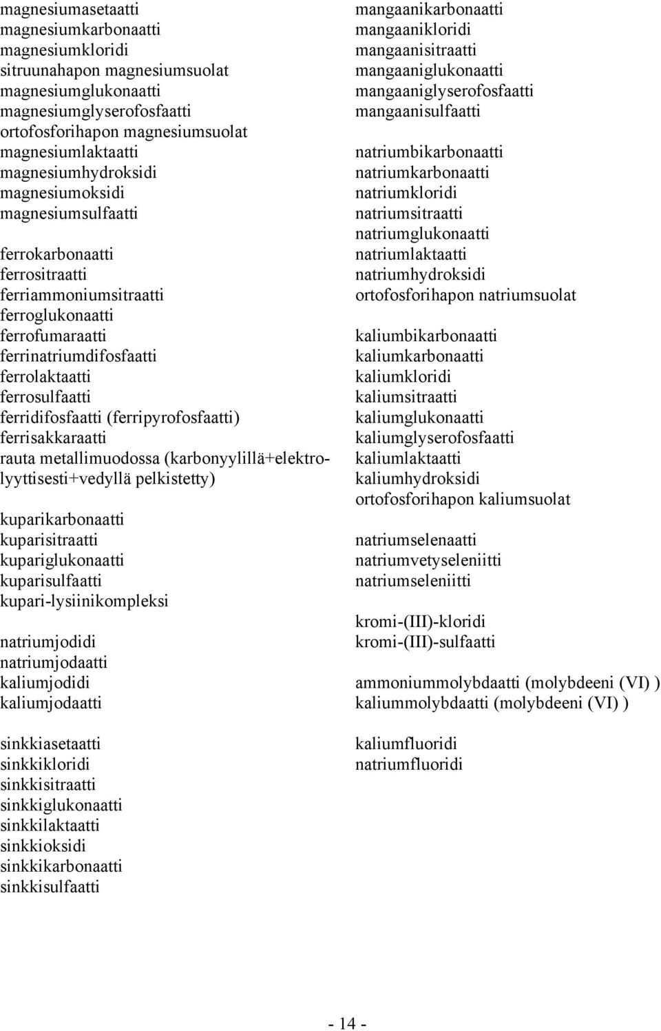 ferridifosfaatti (ferripyrofosfaatti) ferrisakkaraatti rauta metallimuodossa (karbonyylillä+elektrolyyttisesti+vedyllä pelkistetty) kuparikarbonaatti kuparisitraatti kupariglukonaatti kuparisulfaatti