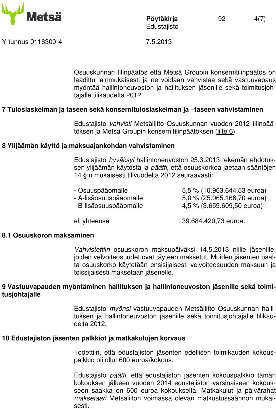 7 Tuloslaskelman ja taseen sekä konsernituloslaskelman ja taseen vahvistaminen vahvisti Metsäliitto Osuuskunnan vuoden 2012 tilinpäätöksen ja Metsä Groupin konsernitilinpäätöksen (liite 6).