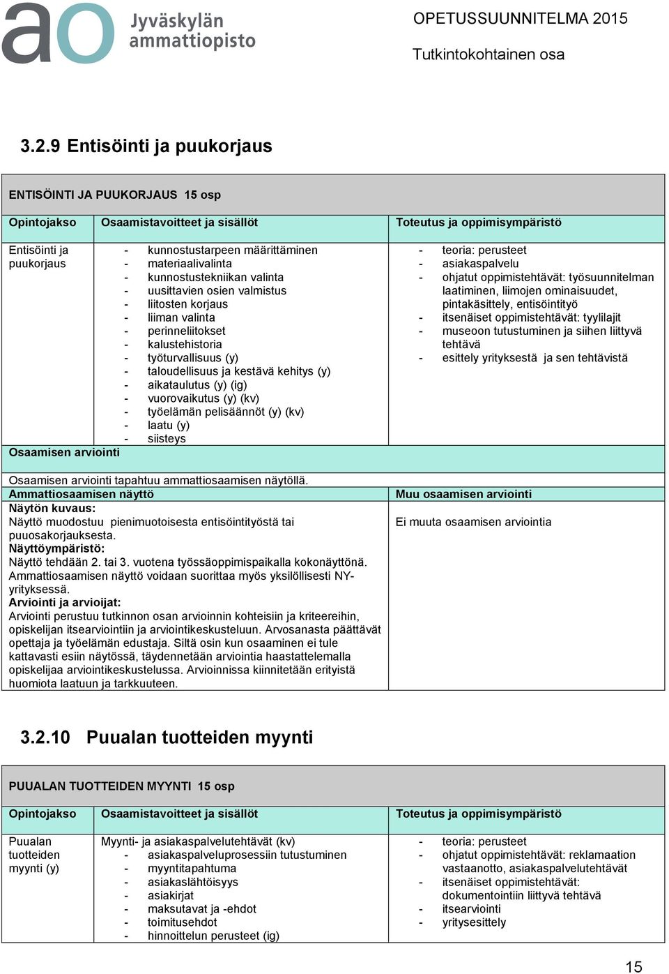 pelisäännöt (y) (kv) - laatu (y) tapahtuu ammattiosaamisen näytöllä. Näyttö muodostuu pienimuotoisesta entisöintityöstä tai puuosakorjauksesta. Näyttö tehdään 2. tai 3.