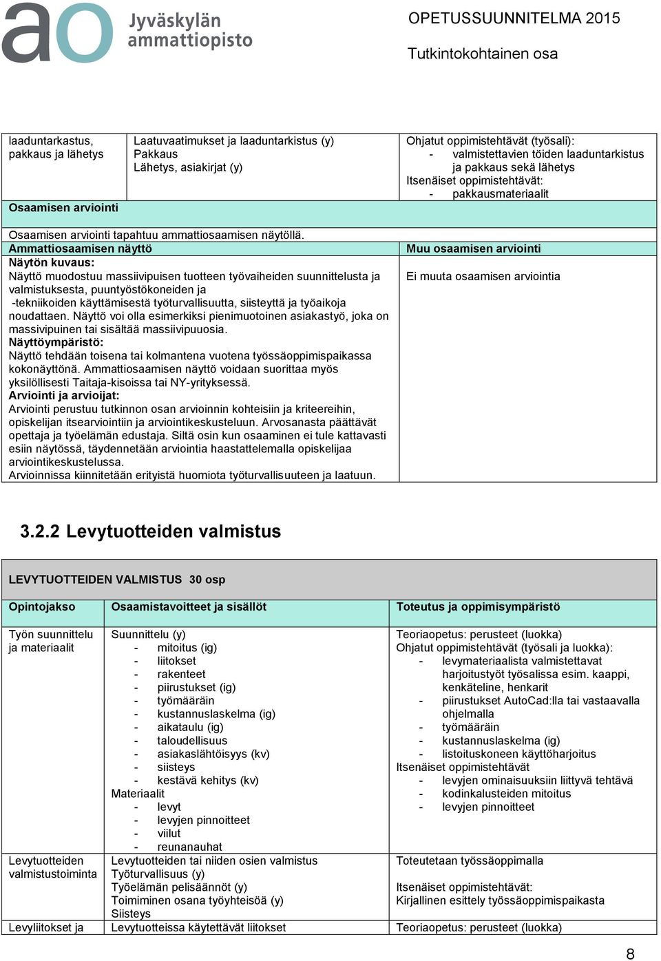 Näyttö muodostuu massiivipuisen tuotteen työvaiheiden suunnittelusta ja valmistuksesta, puuntyöstökoneiden ja -tekniikoiden käyttämisestä työturvallisuutta, siisteyttä ja työaikoja noudattaen.