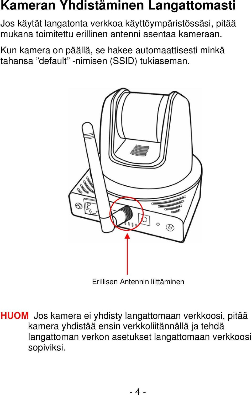 Kun kamera on päällä, se hakee automaattisesti minkä tahansa default -nimisen (SSID) tukiaseman.