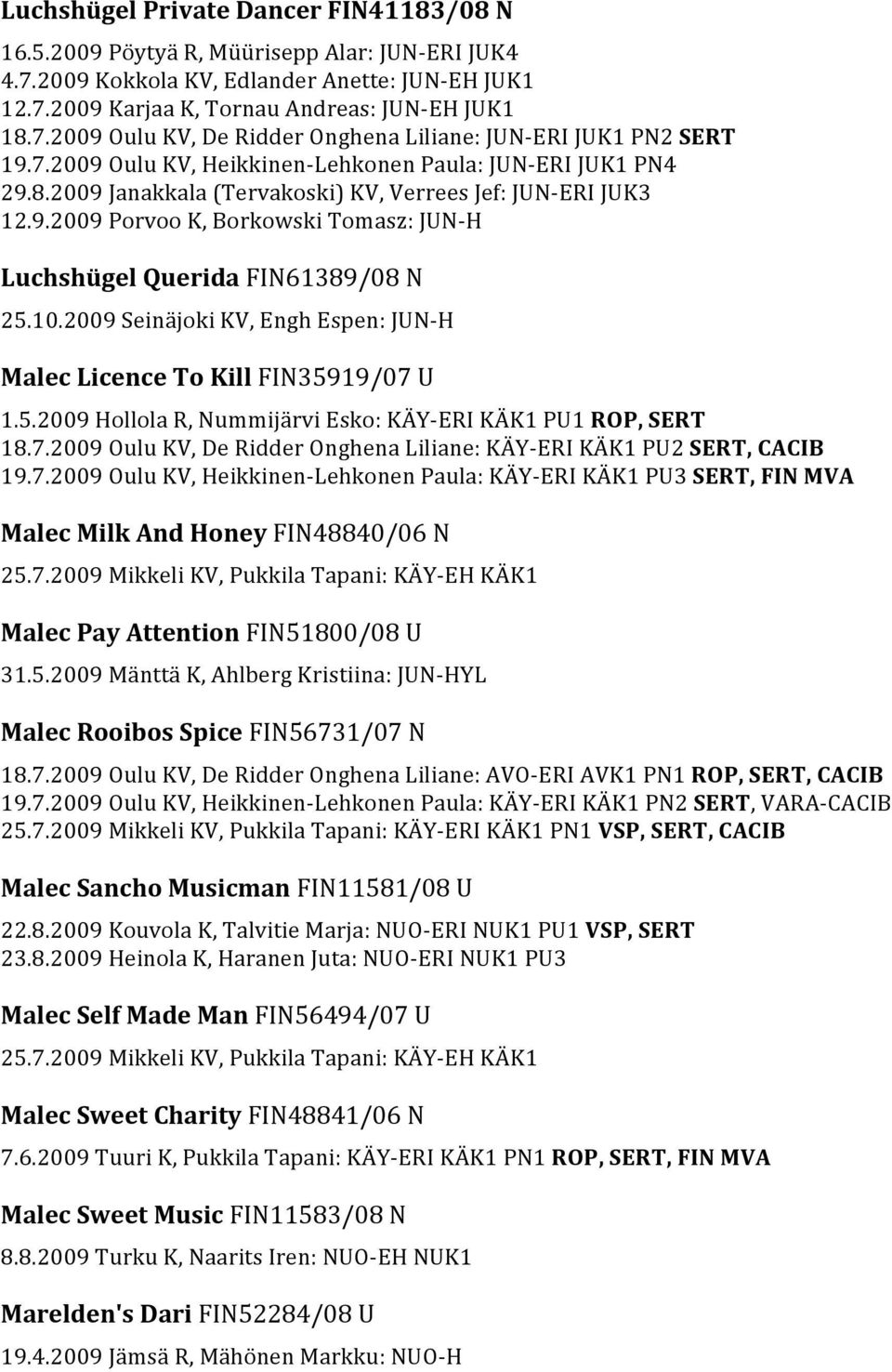 2009 Janakkala (Tervakoski) KV, Verrees Jef: JUN-ü0à2 \ERI JUK3 12.9.2009 Porvoo K, Borkowski Tomasz: JUN-ü0à2 \H Luchsh gel Querida FIN61389/08 N 25.10.