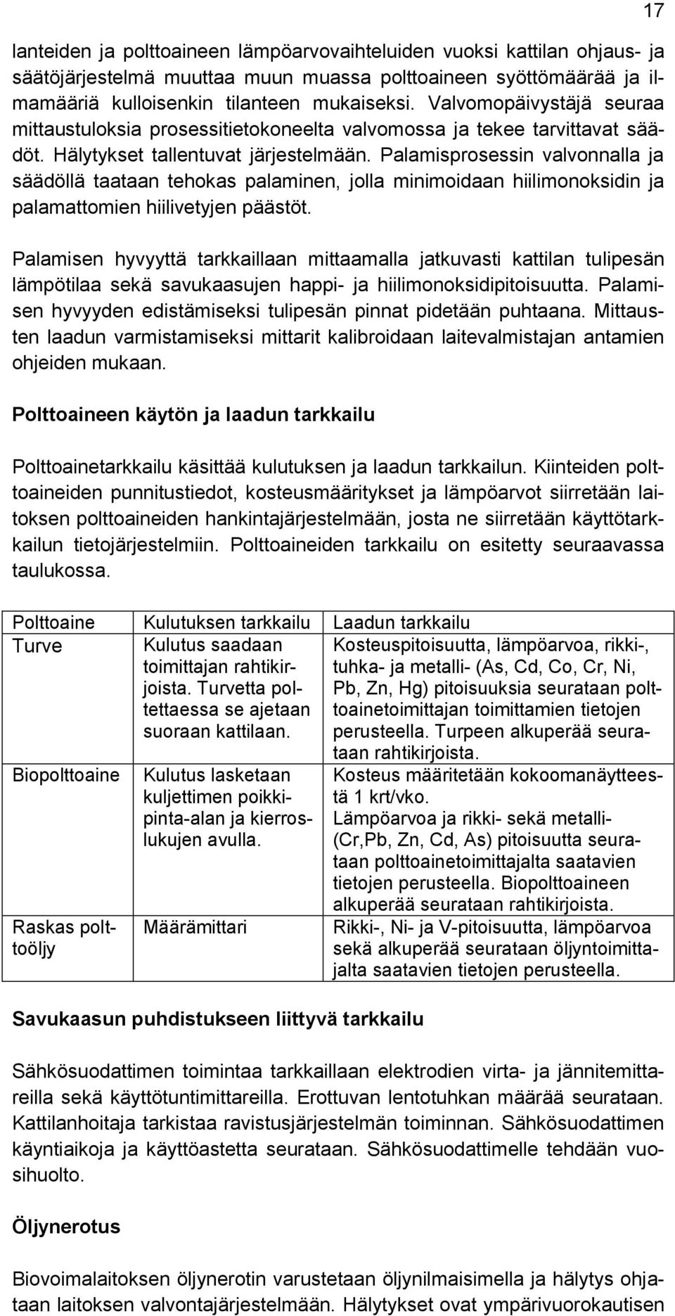 Palamisprosessin valvonnalla ja säädöllä taataan tehokas palaminen, jolla minimoidaan hiilimonoksidin ja palamattomien hiilivetyjen päästöt.