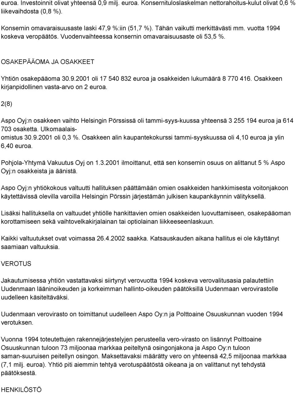 Osakkeen kirjanpidollinen vasta-arvo on 2 euroa. 2(8) Aspo Oyj:n osakkeen vaihto Helsingin Pörssissä oli tammi-syys-kuussa yhteensä 3 255 194 euroa ja 614 703 osaketta. Ulkomaalaisomistus 30.9.2001 oli 0,3 %.