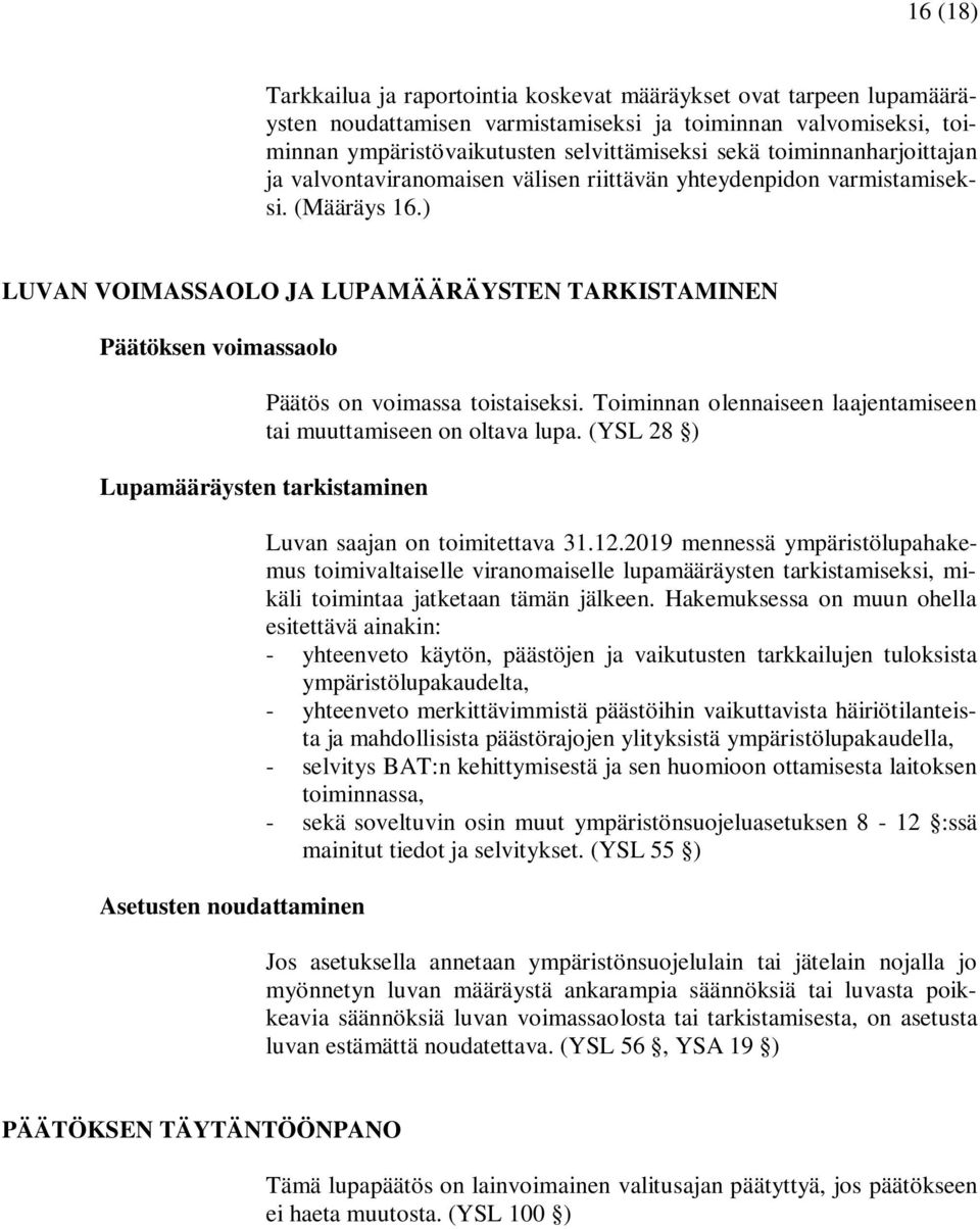 ) LUVAN VOIMASSAOLO JA LUPAMÄÄRÄYSTEN TARKISTAMINEN Päätöksen voimassaolo Päätös on voimassa toistaiseksi. Toiminnan olennaiseen laajentamiseen tai muuttamiseen on oltava lupa.
