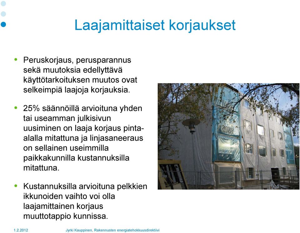 25% säännöillä arvioituna yhden tai useamman julkisivun i uusiminen on laaja korjaus pintaalalla mitattuna ja