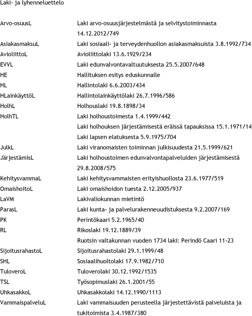 7.1996/586 HolhL Holhouslaki 19.8.1898/34 HolhTL Laki holhoustoimesta 1.4.1999/442 Laki holhouksen järjestämisestä eräissä tapauksissa 15.1.1971/14 Laki lapsen elatuksesta 5.9.1975/704 JulkL Laki viranomaisten toiminnan julkisuudesta 21.