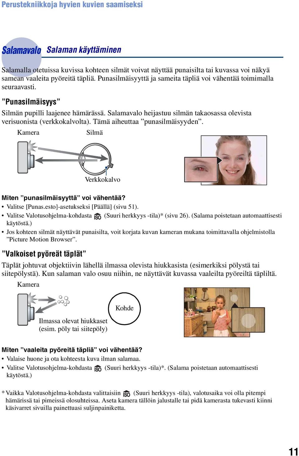 Tämä aiheuttaa punasilmäisyyden. Kamera Silmä Verkkokalvo Miten punasilmäisyyttä voi vähentää? Valitse [Punas.esto]-asetukseksi [Päällä] (sivu 51).