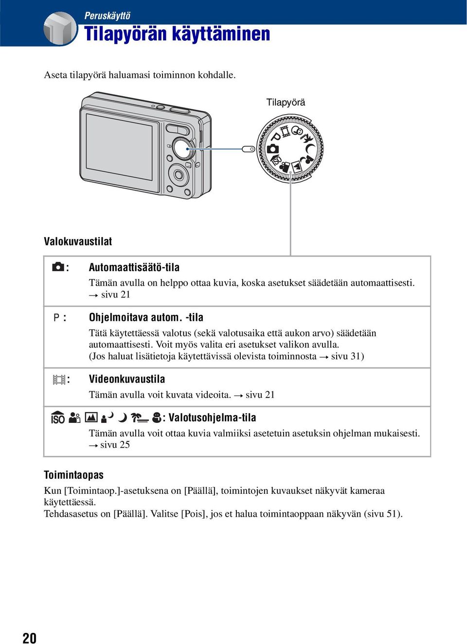 -tila Tätä käytettäessä valotus (sekä valotusaika että aukon arvo) säädetään automaattisesti. Voit myös valita eri asetukset valikon avulla.