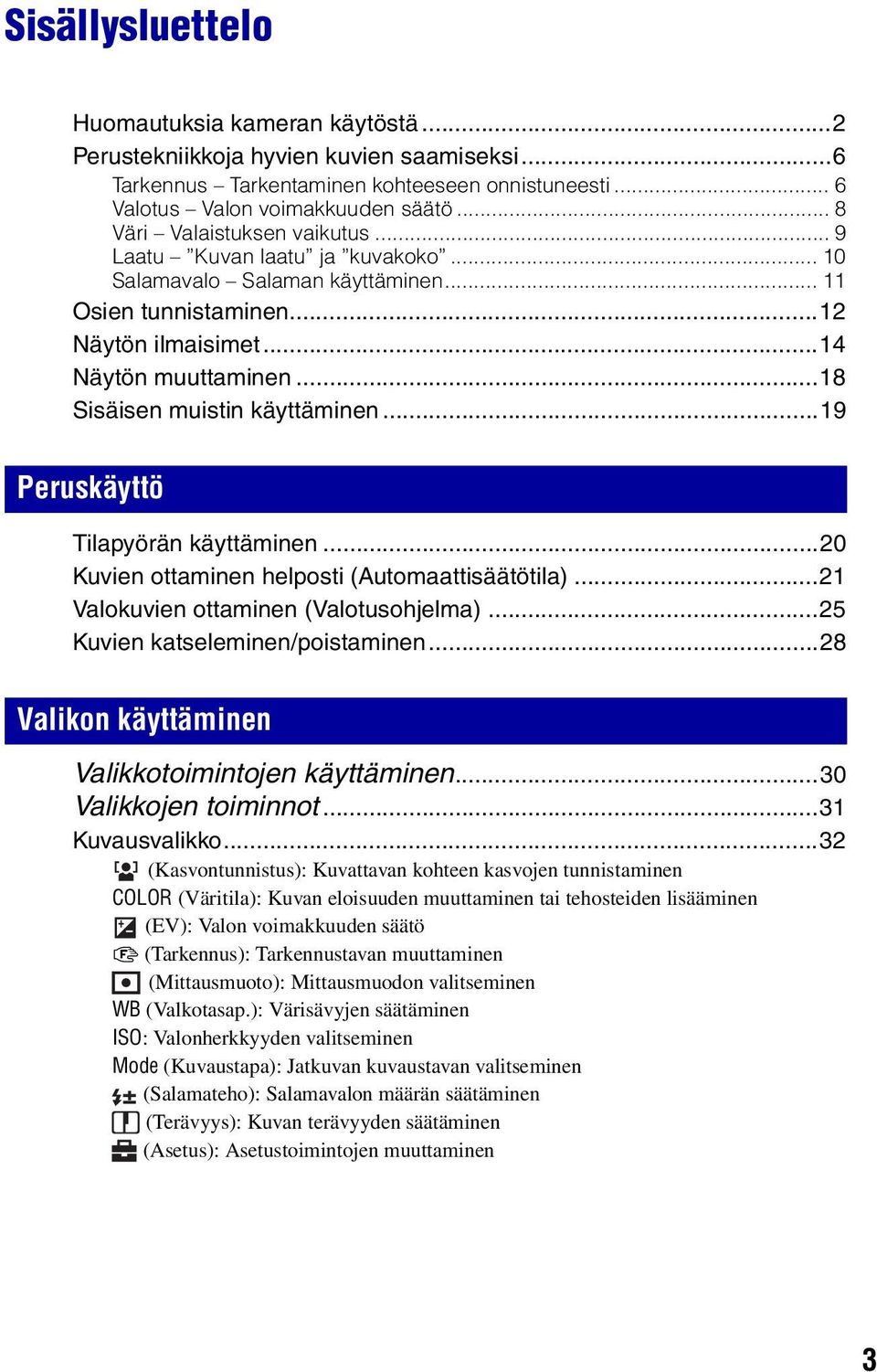 ..18 Sisäisen muistin käyttäminen...19 Peruskäyttö Tilapyörän käyttäminen...20 Kuvien ottaminen helposti (Automaattisäätötila)...21 Valokuvien ottaminen (Valotusohjelma).