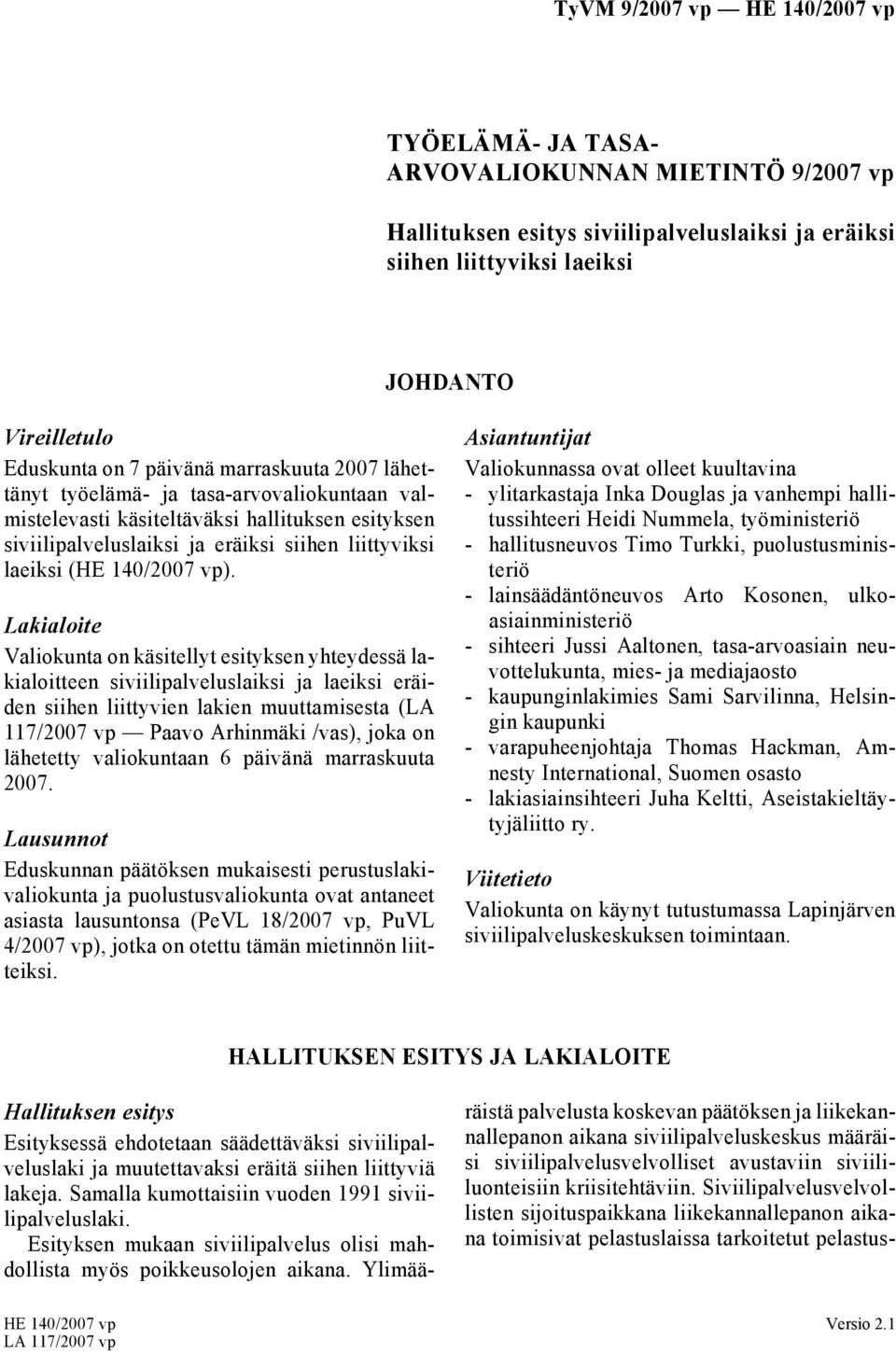 Lakialoite Valiokunta on käsitellyt esityksen yhteydessä lakialoitteen siviilipalveluslaiksi ja laeiksi eräiden siihen liittyvien lakien muuttamisesta (LA 117/2007 vp Paavo Arhinmäki /vas), joka on