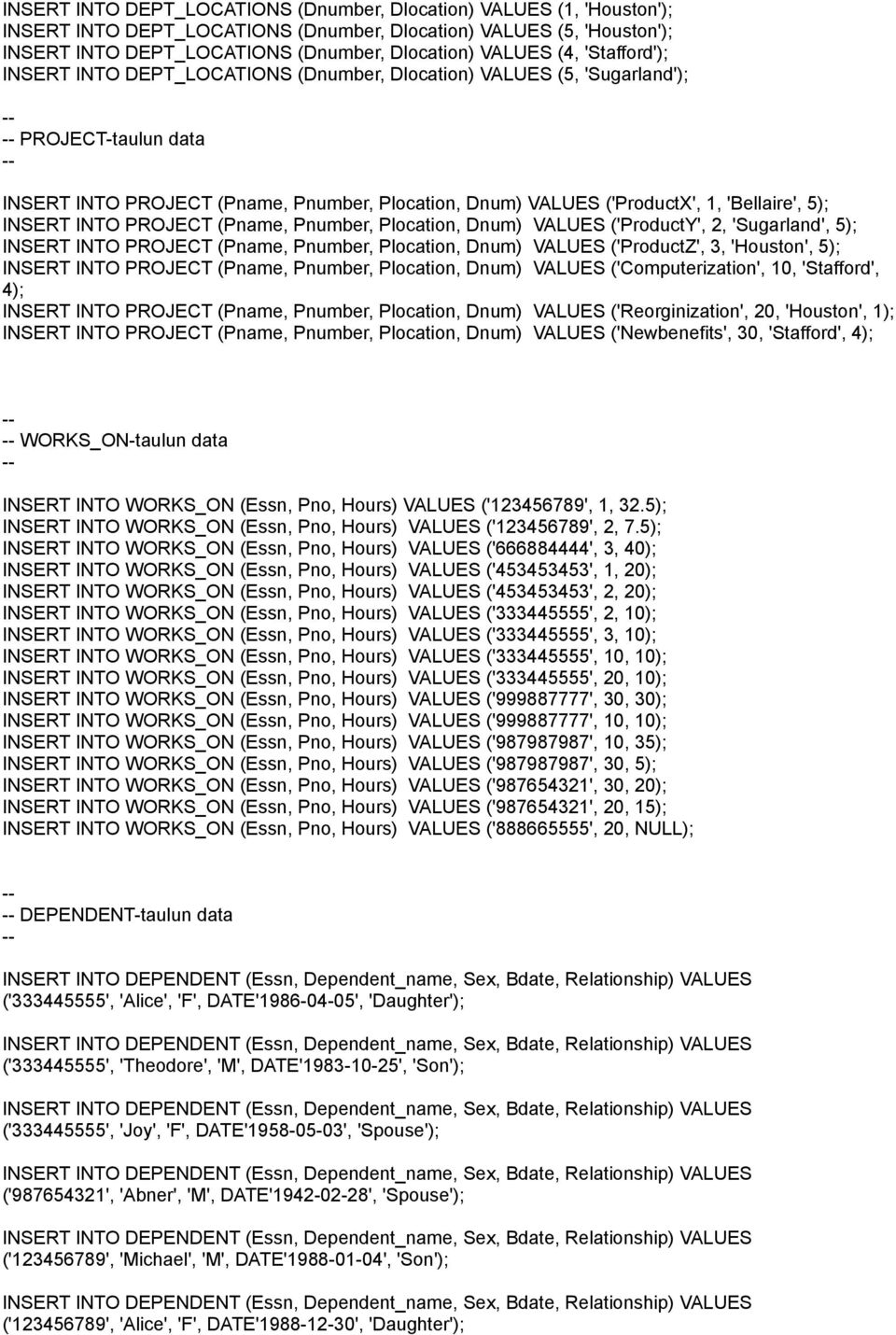 Dnum) 'ProductY', 2, 'Sugarland', 5 INSERT INTO PROJECT Pname, Pnumber, Plocation, Dnum) 'ProductZ', 3, 'Houston', 5 INSERT INTO PROJECT Pname, Pnumber, Plocation, Dnum) 'Computerization', 10,